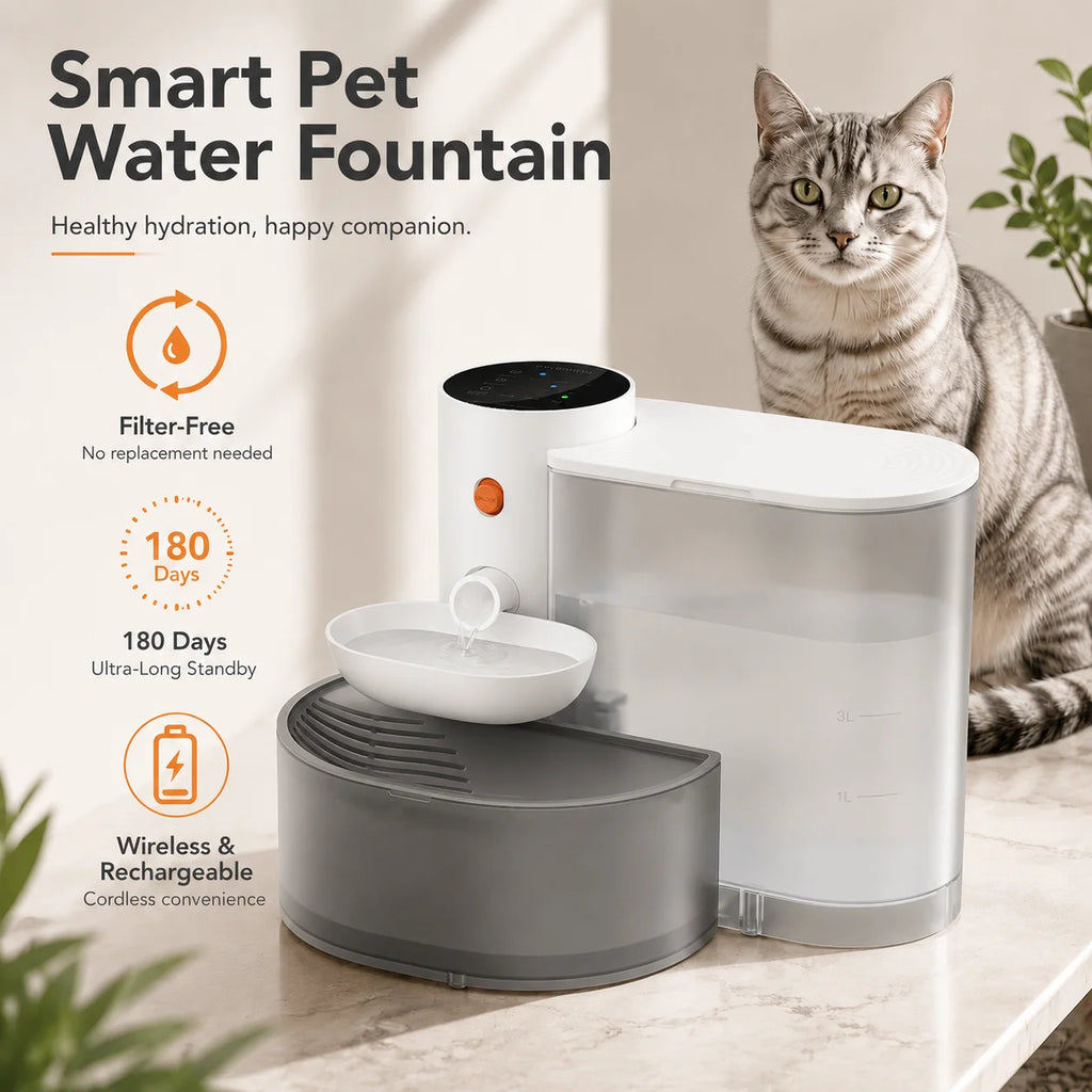 Fontaine à eau pour chat sans fil – 3L, Autonomie 180 Jours, Sans Filtre à Remplacer